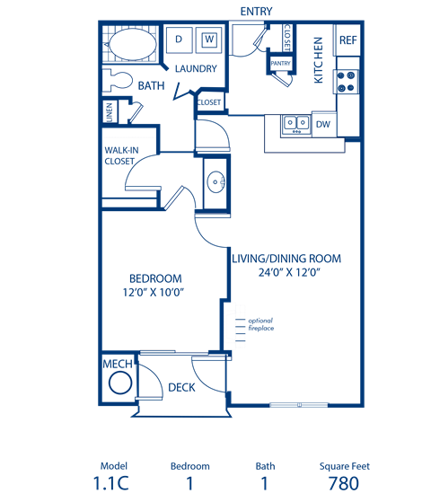 Floor plan for 1 bed, 1 bath, 780 sqft